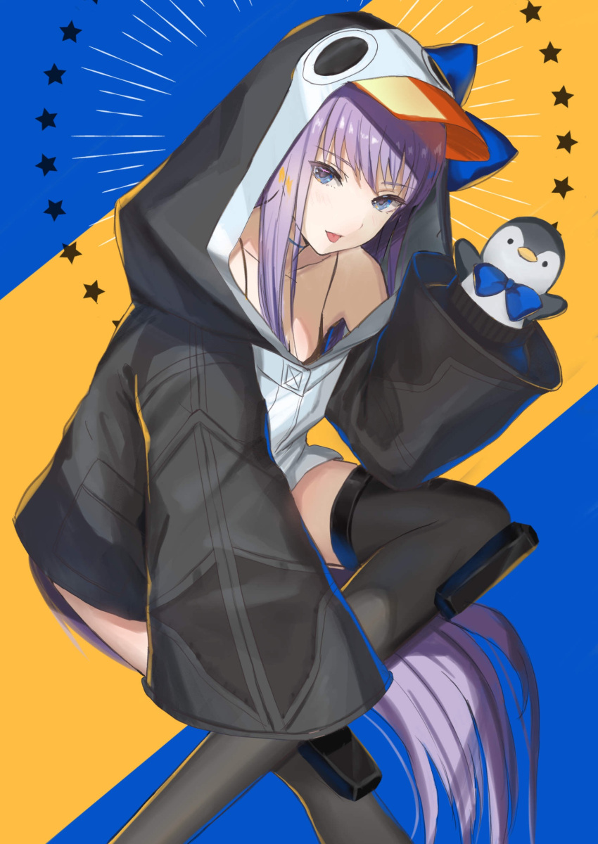 1girl absurdres animal_hood bangs bare_shoulders bird black_jacket blue_background blue_eyes blue_ribbon breasts choker collarbone crossed_legs fate/grand_order fate_(series) hair_between_eyes highres hood jacket long_hair long_sleeves looking_at_viewer meltryllis meltryllis_(swimsuit_lancer)_(fate) penguin penguin_hood purple_hair ribbon sakamuke sleeves_past_fingers sleeves_past_wrists small_breasts solo star stuffed_animal stuffed_toy thighs tongue two-tone_background very_long_hair yellow_background