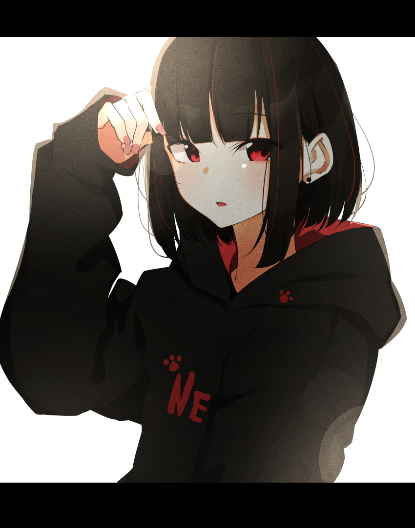 1girl absurdres bangs black_hair black_hoodie commentary_request earrings expressionless hand_up highres hood hood_down hoodie ichiki_1 jewelry lens_flare letterboxed long_sleeves looking_at_viewer multicolored_hair nail_polish original parted_lips red_eyes red_nails short_hair sidelocks simple_background solo streaked_hair stud_earrings upper_body white_background