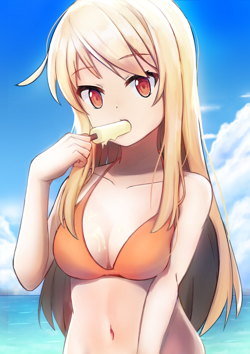 1girl ascii_media_works bikini bikini_top blonde_hair clouds cute dengeki_bunko eating female_focus goldsiro j.c._staff kuudere long_hair navel ocean orange_bikini orange_bikini_top orange_eyes outdoors popsicle sakura-sou_no_pet_na_kanojo shiina_mashiro sky solo summer swimsuit