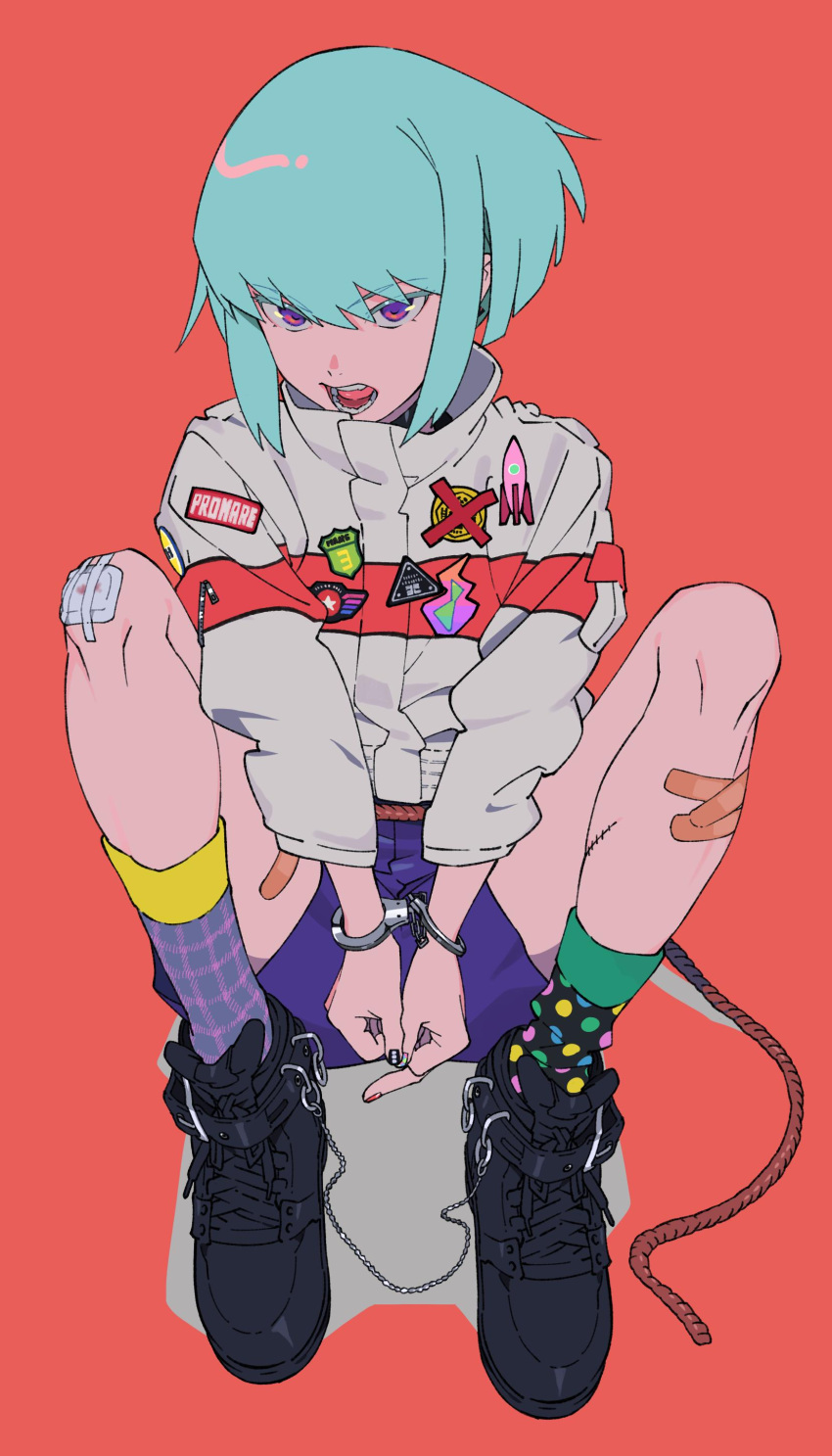 1boy absurdres aqua_hair bandaid collar cuffs handcuffs high_collar highres jacket lio_fotia male_focus open_mouth promare rope shirikon shoes short_hair shorts simple_background sitting sneakers socks solo violet_eyes