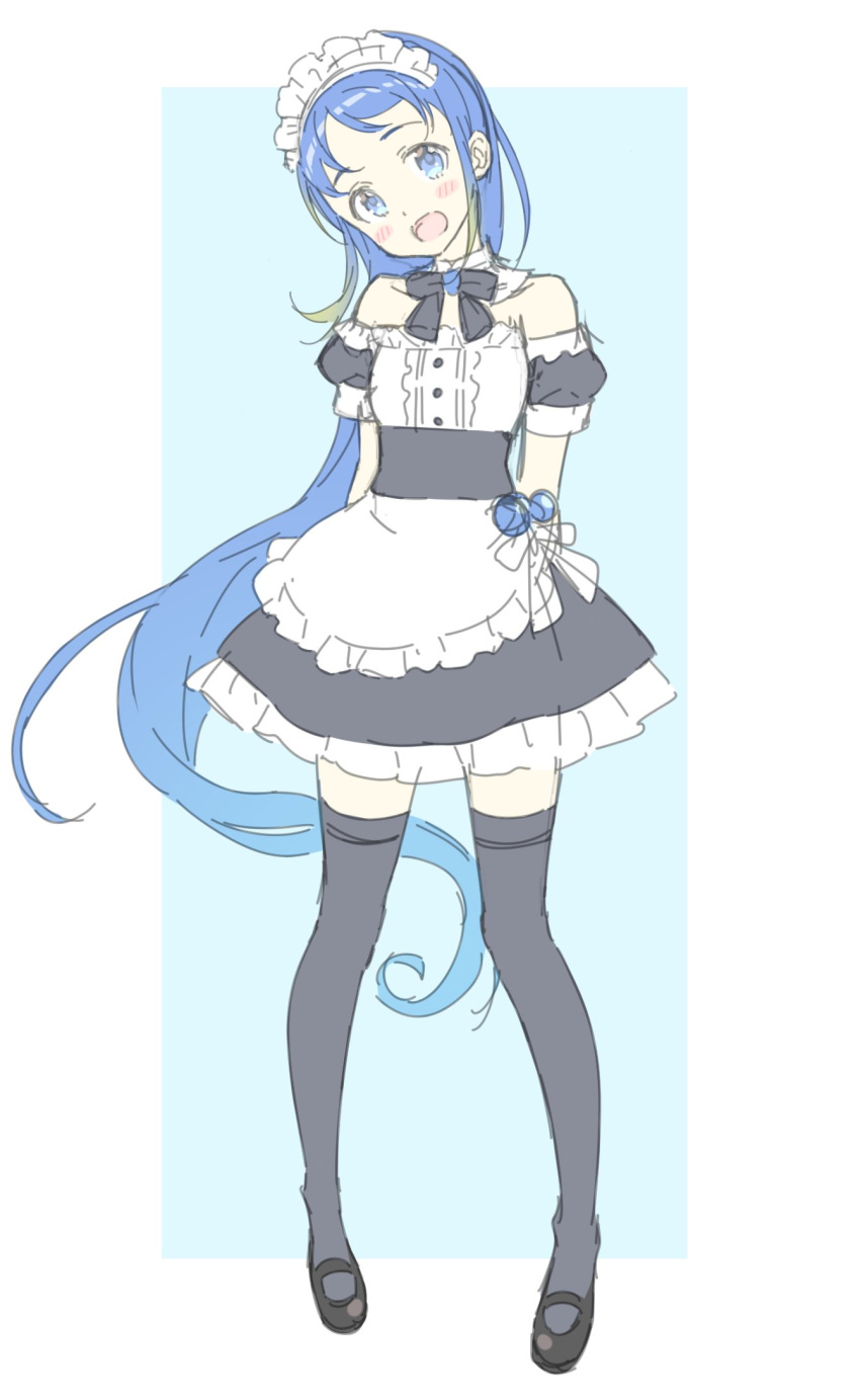 1girl alternate_costume apron arms_behind_back bangs black_dress black_legwear blue_background blue_eyes blue_hair detached_sleeves dress enmaided frilled_apron frills full_body head_tilt highres kantai_collection long_hair looking_at_viewer maid maid_headdress open_mouth samidare_(kantai_collection) shiosoda solo standing swept_bangs thigh-highs two-tone_background very_long_hair waist_apron white_apron white_background