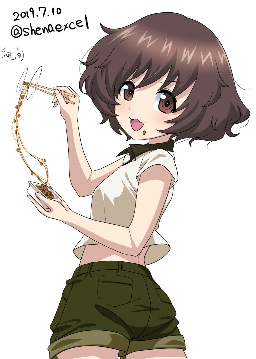 1girl :3 absurdres akiyama_yukari artist_logo bangs brown_eyes brown_hair brown_shorts casual chopsticks commentary cowboy_shot dated denim denim_shorts excel_(shena) eyebrows_visible_through_hair food food_on_face from_side girls_und_panzer highres holding holding_chopsticks looking_at_viewer looking_back messy_hair motion_lines nattou open_mouth polo_shirt shirt short_hair short_shorts short_sleeves shorts simple_background smile solo standing twitter_username white_background white_shirt