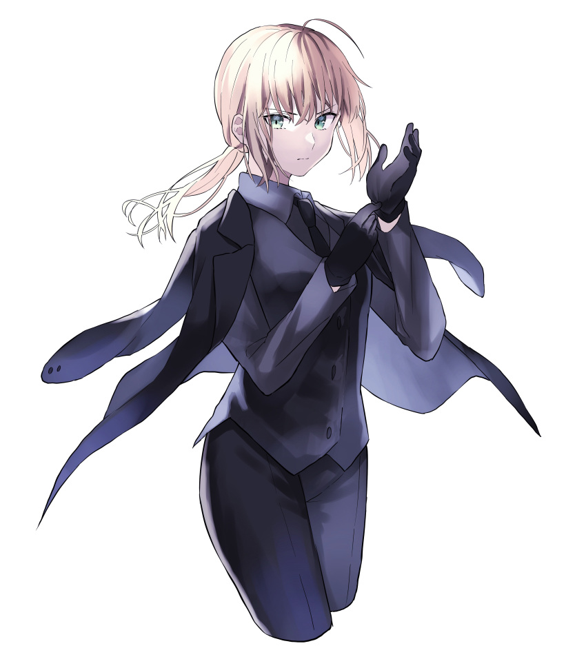1girl absurdres adjusting_clothes adjusting_gloves ahoge artoria_pendragon_(all) black_gloves black_jacket black_neckwear black_pants blue_eyes closed_mouth collared_shirt cowboy_shot cropped_legs fate/zero fate_(series) floating_hair formal gloves grey_shirt highres jacket long_hair long_sleeves looking_at_viewer lq_saku necktie open_clothes open_jacket pant_suit pants ponytail saber shirt silver_hair simple_background solo standing suit white_background wing_collar