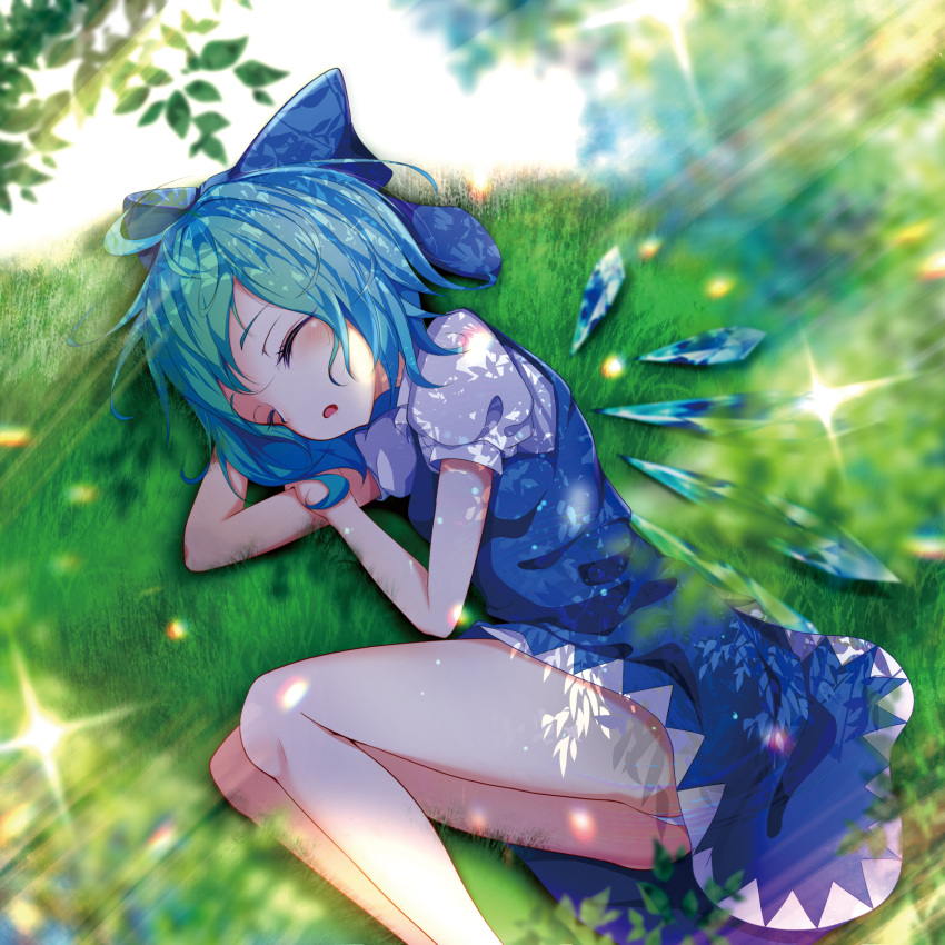 1girl ^_^ absurdres arm_up ass bare_legs blue_bow blue_dress blue_hair blush bow cirno closed_eyes commentary_request dress feet_out_of_frame grass hair_bow hand_up highres ice ice_wings knees_up light_rays lying on_side open_mouth outdoors panties panty_peek pinafore_dress puffy_short_sleeves puffy_sleeves shirt short_dress short_hair short_sleeves sleeping solo sparkle thighs touhou underwear white_panties white_shirt wings yamanakaume