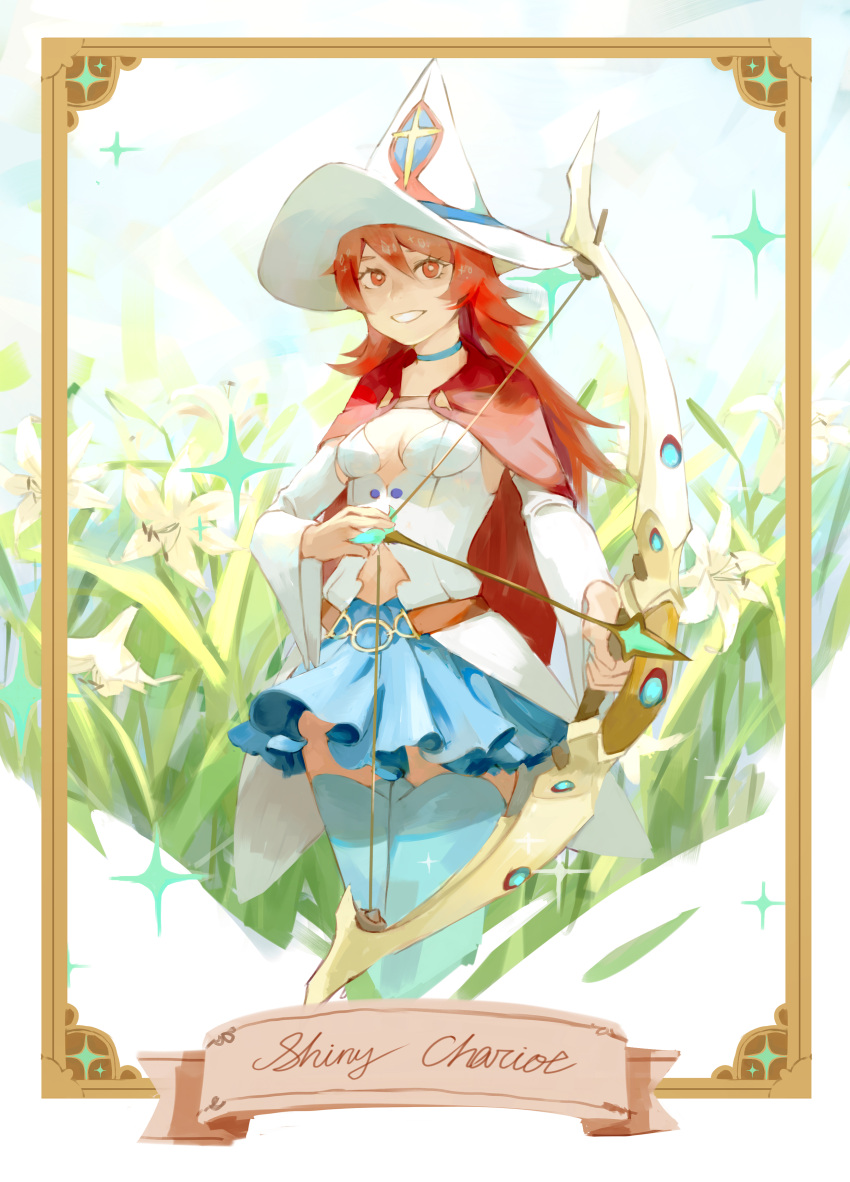 1girl absurdres blue_choker blue_legwear blue_skirt bow_(weapon) breasts brown_hair cape card character_name choker detached_sleeves flower hat highres holding holding_bow_(weapon) holding_weapon little_witch_academia medium_breasts navel outdoors red_cape red_eyes shiny_chariot skirt smile solo standing weapon white_headwear witch_hat zavir