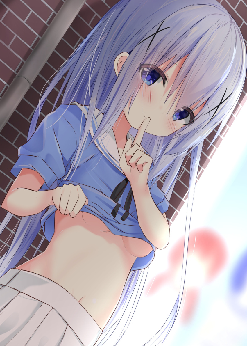 1girl against_wall black_ribbon blue_eyes blue_shirt blurry blurry_background breasts closed_mouth collared_shirt dutch_angle eyebrows_visible_through_hair finger_to_mouth gochuumon_wa_usagi_desu_ka? hair_between_eyes hair_ornament highres index_finger_raised kafuu_chino kouda_suzu lifted_by_self long_hair looking_at_viewer midriff navel neck_ribbon pleated_skirt ribbon sailor_collar shirt shirt_lift silver_hair skirt small_breasts smile solo standing stomach under_boob white_sailor_collar white_skirt x_hair_ornament