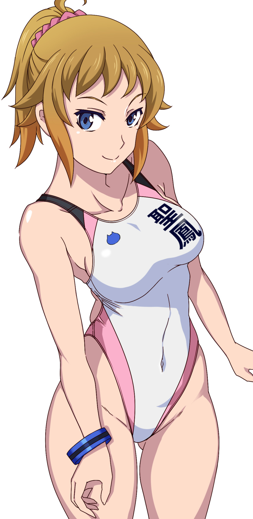 1girl adapted_costume aiuchi artist_name ass_visible_through_thighs blue_eyes bracelet breasts brown_hair collarbone commentary_request competition_swimsuit covered_navel cowboy_shot gundam gundam_build_fighters gundam_build_fighters_try highleg highleg_swimsuit highres hoshino_fumina jewelry looking_at_viewer medium_breasts one-piece_swimsuit ponytail scrunchie simple_background smile solo standing swimsuit white_background