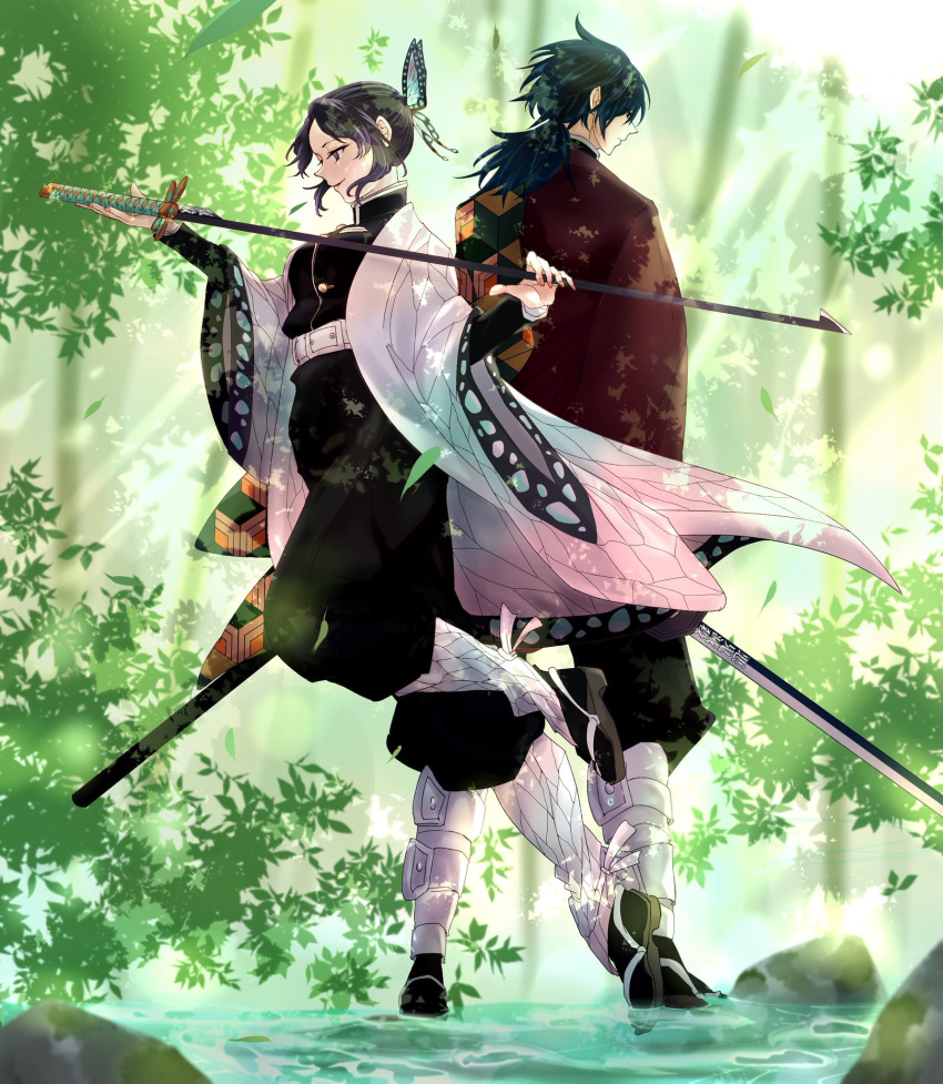 1boy 1girl back-to-back belt black_hair black_jacket butterfly_hair_ornament closed_mouth hair_ornament haori highres holding holding_weapon jacket japanese_clothes katana kimetsu_no_yaiba kochou_shinobu long_hair long_sleeves multicolored_hair purple_hair short_hair sword tmtm24787088 tomioka_giyuu two-tone_hair uniform violet_eyes weapon