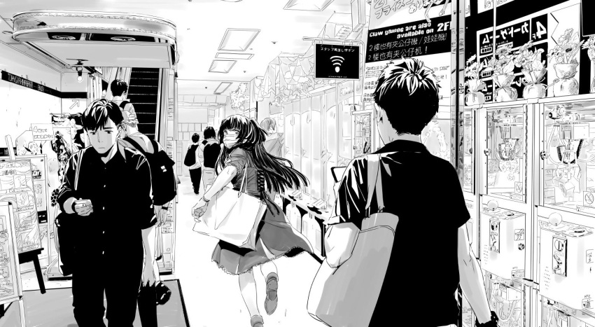 1girl 2boys akihabara_(tokyo) bag commentary crane_game goshiki_suzu idolmaster idolmaster_shiny_colors long_hair mayuzumi_fuyuko monochrome multiple_boys otaku real_world_location school_uniform shopping_bag surgical_mask watch watch wifi_symbol