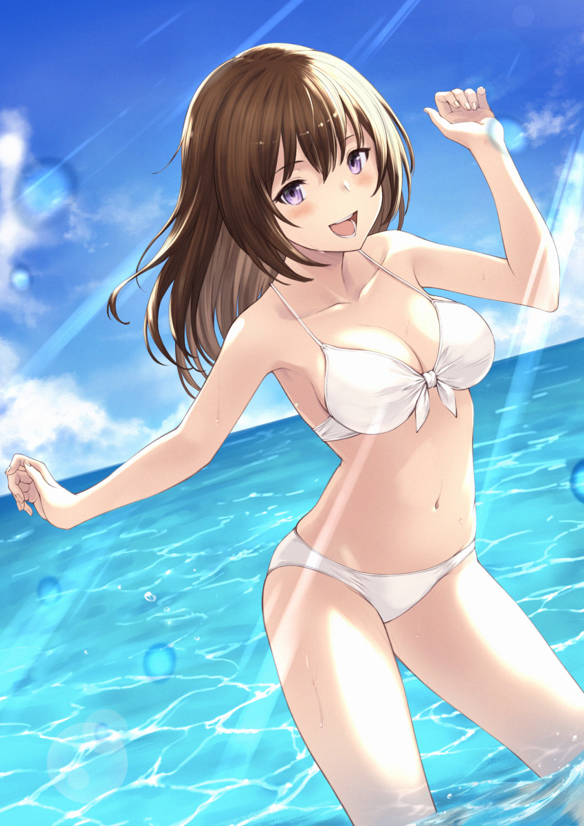 1girl :d bangs bikini blue_sky blush breasts brown_hair caustics chokuro clouds collarbone contrapposto day dripping dutch_angle front-tie_bikini front-tie_top groin hair_between_eyes hands_up highres horizon long_hair looking_at_viewer medium_breasts navel ocean open_mouth original outdoors outstretched_arm sky smile solo standing sunlight swimsuit violet_eyes wading water water_drop wet white_bikini