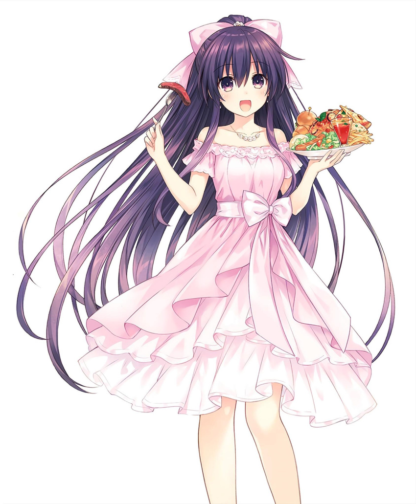 1girl :d bangs bow collarbone date_a_live dress earrings eyebrows_visible_through_hair floating_hair food fork hair_between_eyes hair_bow highres holding holding_fork holding_plate jewelry layered_dress long_hair looking_at_viewer necklace off-shoulder_dress off_shoulder official_art open_mouth pink_bow plate ponytail purple_hair shiny shiny_hair short_sleeves simple_background smile solo standing sundress tsunako very_long_hair violet_eyes white_background white_dress yatogami_tooka