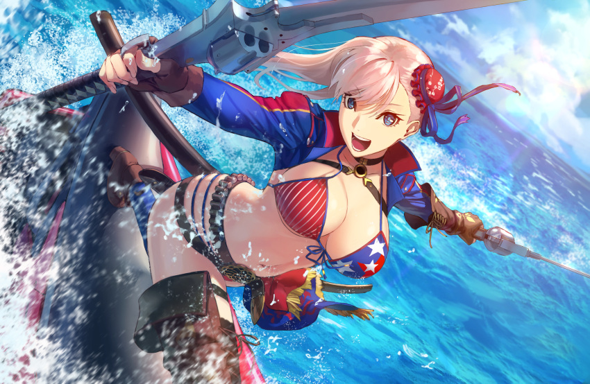 1girl american_flag_bikini asymmetrical_gloves asymmetrical_hair asymmetrical_legwear belt bikini blue_eyes breasts brown_belt brown_gloves bun_cover dual_wielding elbow_gloves fate/grand_order fate_(series) fingerless_gloves flag_print front-tie_bikini front-tie_top gloves gunblade hair_bun highres holding holding_weapon large_breasts long_hair looking_at_viewer miyamoto_musashi_(fate/grand_order) miyamoto_musashi_(swimsuit_berserker)_(fate) navel pink_hair scabbard sheath shrug_(clothing) single_elbow_glove single_thigh_boot single_thighhigh solo swimsuit thigh-highs unsheathed weapon zonotaida