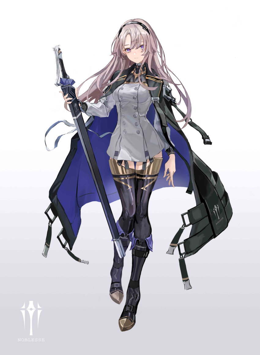 1girl absurdres artist_request black_legwear boots breasts buttons coat commentary_request dress full_body garter_straps hairband highres jacket_on_shoulders knee_boots long_hair long_sleeves looking_at_viewer medium_breasts miniskirt original sheath sheathed short_dress simple_background skirt solo sword thigh-highs violet_eyes weapon zettai_ryouiki