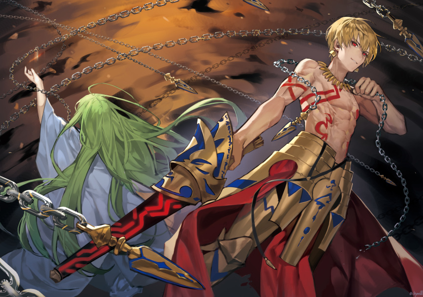 2boys absurdres arm_up armor back-to-back blonde_hair chain chyoel ea_(fate/stay_night) earrings enkidu_(fate/strange_fake) fate_(series) floating_hair gilgamesh green_hair highres holding holding_sword holding_weapon jewelry long_hair multiple_boys necklace parted_lips red_eyes sword very_long_hair weapon