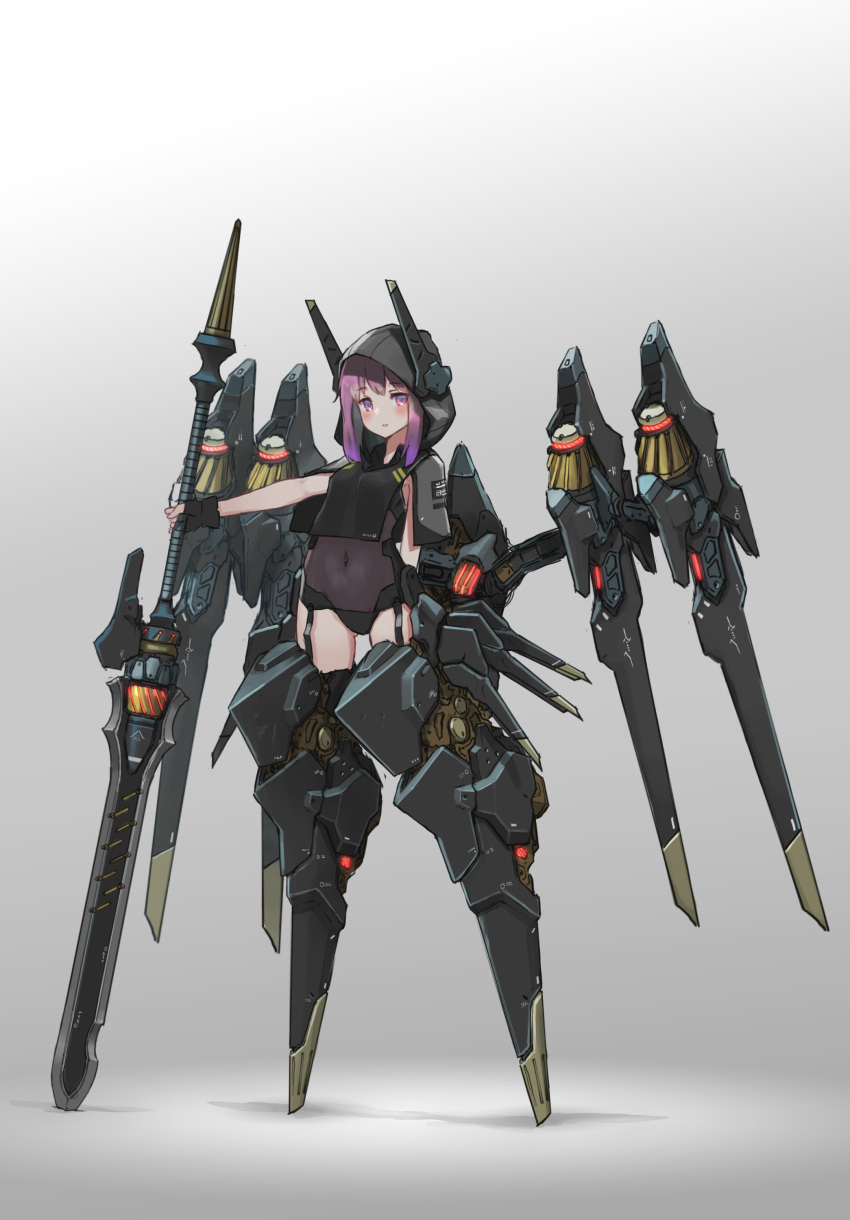 1girl absurdres commentary_request covered_navel expressionless eyebrows_visible_through_hair eyes_visible_through_hair fingerless_gloves full_body gloves gradient gradient_background highres holding holding_weapon hood hood_up looking_at_viewer mecha_musume mechanical_wings oota_youjo original polearm purple_hair solo violet_eyes weapon wings