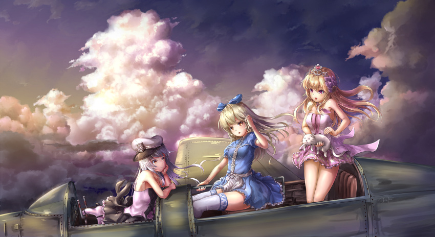 3girls aircraft airplane armpits bangs bare_shoulders bow breasts cat clouds dress fighter_jet fii_fii_(feefeeowo) flat_cap frilled_dress frilled_skirt frills hair_bow hair_ornament hair_tucking hat highres jet long_hair looking_at_another looking_at_viewer military military_hat military_vehicle multiple_girls original parted_lips sitting skirt sky small_breasts smile thigh-highs tiara