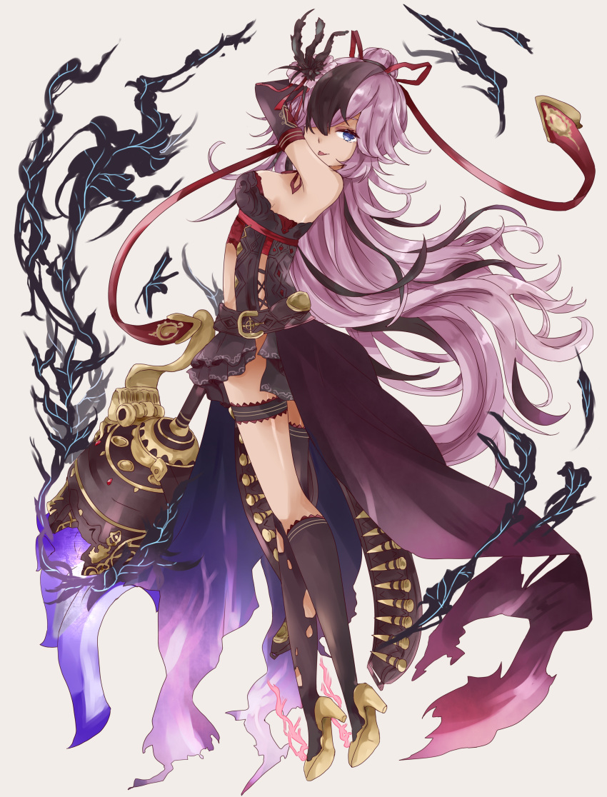 1girl :p absurdres arm_up bangs bare_shoulders black_dress black_gloves black_hair blue_eyes brown_footwear brown_legwear cinderella_(sinoalice) closed_mouth commentary_request dress elbow_gloves eyebrows_visible_through_hair full_body gloves grey_background hair_bun hair_over_one_eye hair_ribbon high_heels highres kneehighs looking_at_viewer looking_to_the_side multicolored_hair purple_hair red_ribbon ribbon shoe_soles single_kneehigh single_thighhigh sinoalice sleeveless sleeveless_dress smile solo thigh-highs tongue tongue_out torn_clothes torn_legwear tsukiyo_(skymint) two-tone_hair