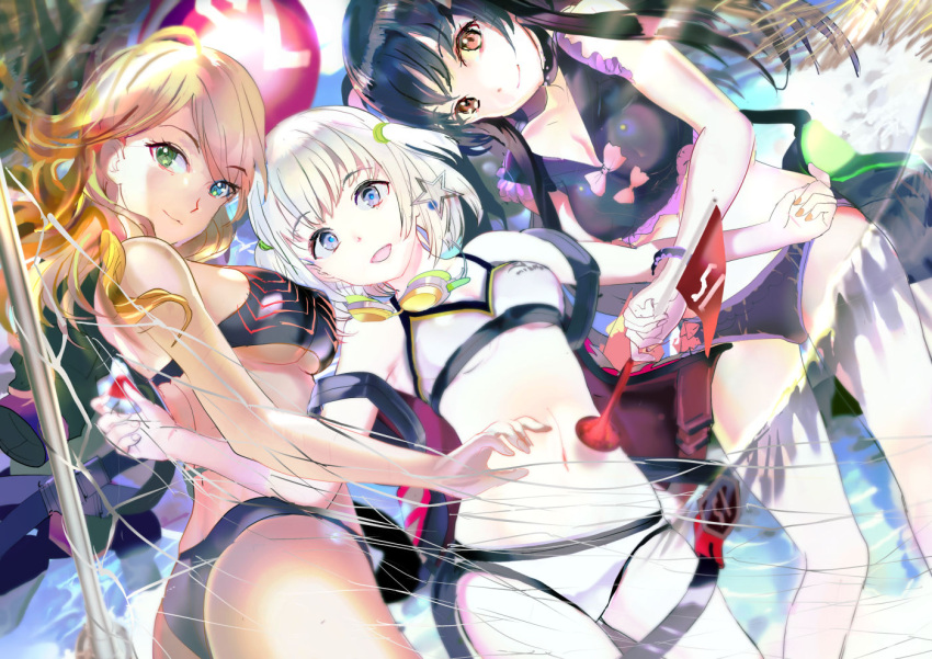 119 3girls ass bangs bikini black_bikini black_hair blonde_hair blue_eyes breasts cowboy_shot flag goggles green_eyes grey_hair hair_tie idolmaster idolmaster_shiny_colors izumi_mei looking_at_viewer mayuzumi_fuyuko multiple_girls red_eyes serizawa_asahi sideboob smile star striped_bikini_top swimsuit white_bikini