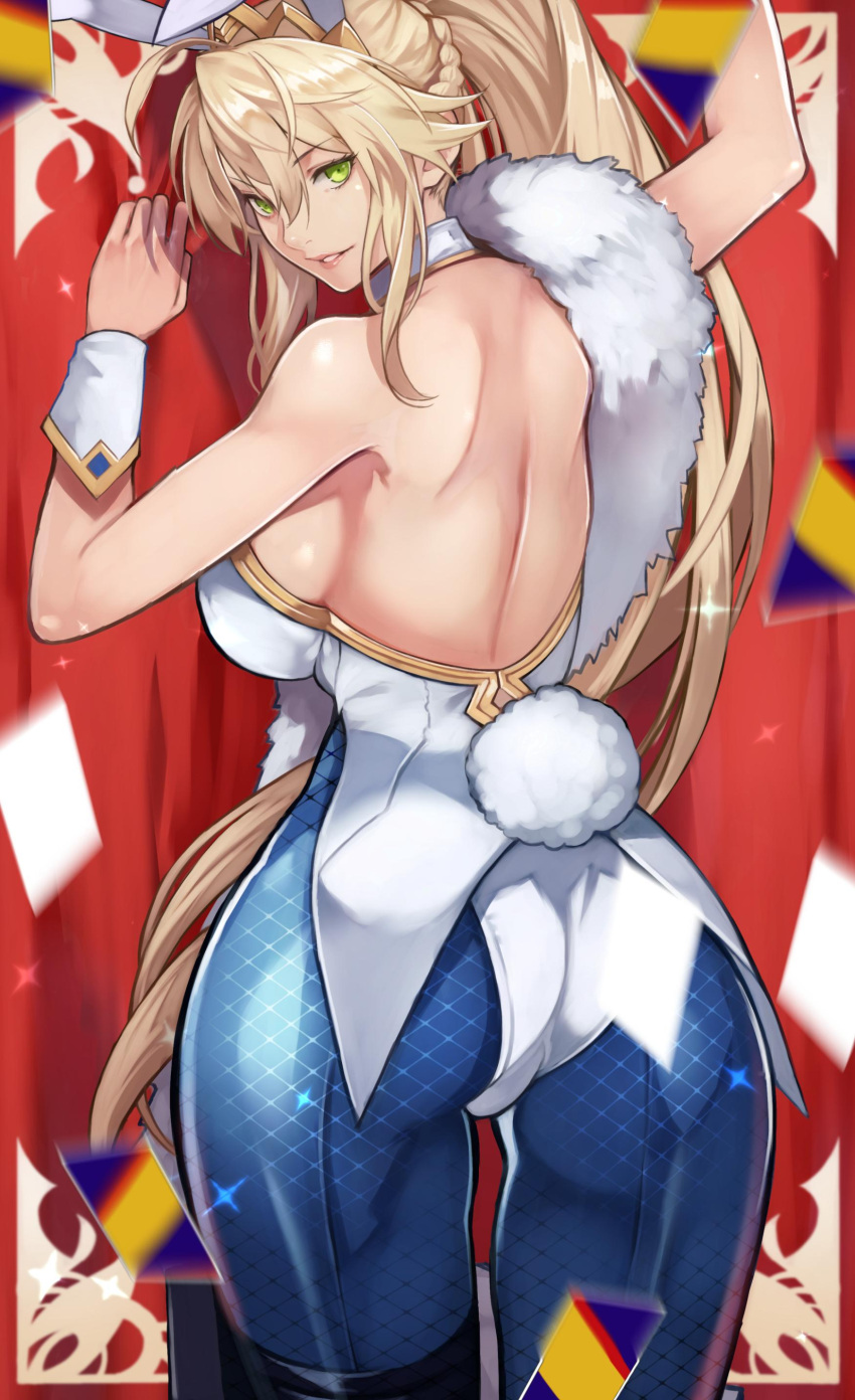 1girl 55level absurdres animal_ears arm_up artoria_pendragon_(all) artoria_pendragon_(swimsuit_ruler)_(fate) bare_shoulders bareback blonde_hair blue_legwear braid breasts bunny_tail card eyebrows_visible_through_hair fate/grand_order fate_(series) feather_boa fishnets green_eyes hair_between_eyes highres looking_at_viewer looking_back playing_card ponytail rabbit_ears sideboob sidelocks solo tail wrist_cuffs