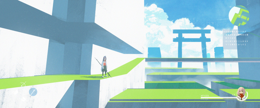 1girl absurdres antenna_mast asteroid_ill clouds cloudy_sky day fake_screenshot grass grey_hair heads-up_display health_bar highres iz_(asteroid_ill) long_hair looking_down low-tied_long_hair low_ponytail minimap original outdoors scenery sky solo standing torii user_interface wide_shot