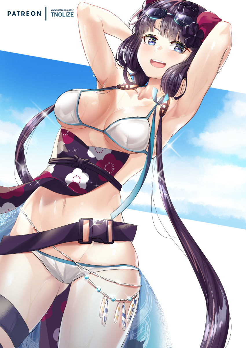 1girl absurdres armpits arms_behind_head arms_up bangs bare_shoulders beads belt bikini blue_eyes blue_sky blush breasts collarbone fate/grand_order fate_(series) floral_print flower goggles goggles_on_head hair_flower hair_ornament highres katsushika_hokusai_(fate/grand_order) katsushika_hokusai_(swimsuit_saber)_(fate) looking_at_viewer medium_breasts navel obi open_mouth purple_hair sash short_hair short_hair_with_long_locks sidelocks sky smile solo swimsuit thigh_strap thighs tnolize white_bikini