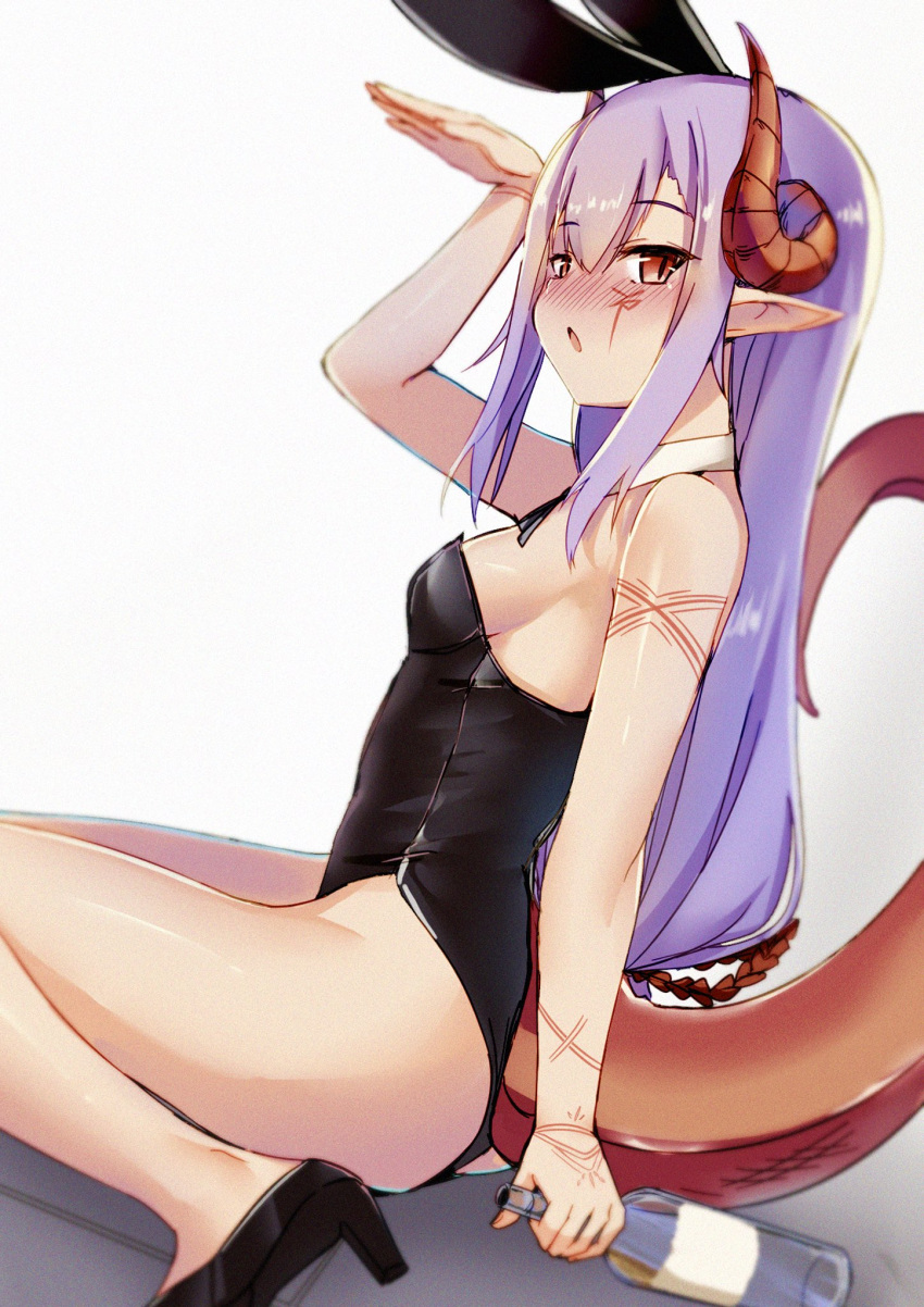 1girl :o animal_ears arm_up bare_arms bare_legs bare_shoulders black_footwear black_leotard blurry blush borrowed_character bottle breasts commentary_request curled_horns detached_collar dragon_girl dragon_horns dragon_tail fake_animal_ears from_side hair_ornament high_heels highres holding holding_bottle horns kure_(kure_ng) leotard long_hair looking_at_viewer looking_to_the_side melusine_(ibuki_notsu) nose_blush original parted_lips pointy_ears purple_hair rabbit_ears red_eyes sidelocks simple_background slit_pupils small_breasts solo tail thighs very_long_hair white_background wine_bottle