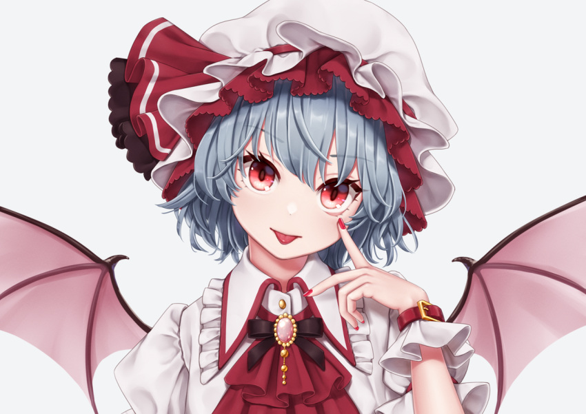 1girl :p akanbe ascot bangs bat_wings black_neckwear black_ribbon blue_hair brooch commentary_request dress dtvisu eyebrows_visible_through_hair frilled_shirt_collar frills grey_background hair_between_eyes hand_up hat hat_ribbon head_tilt index_finger_raised jewelry light_smile looking_at_viewer mob_cap nail_polish neck_ribbon puffy_short_sleeves puffy_sleeves red_eyes red_nails red_neckwear red_ribbon remilia_scarlet ribbon short_hair short_sleeves simple_background solo tongue tongue_out touhou upper_body white_dress white_headwear wings wrist_cuffs