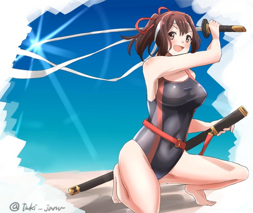 1girl black_swimsuit blue_sky brown_eyes brown_hair competition_swimsuit dual_wielding glint grey_eyes hair_ribbon headband highres holding holding_weapon ise_(kantai_collection) kantai_collection katana looking_at_viewer one-piece_swimsuit ponytail pose red_ribbon ribbon sheath short_hair sky smile solo swimsuit sword tsukimura_(d24f4z8j3t) twitter_username weapon white_headband