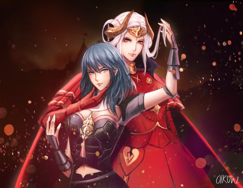 2girls blurry blurry_background byleth_(fire_emblem) byleth_eisner_(female) cape castle dark_background dark_sky edelgard_von_hresvelg embers fire_emblem fire_emblem:_three_houses green_hair hand_on_another's_chin highres looking_at_viewer midriff multiple_girls navel oikvw parted_lips red_cape silver_hair smile tiara upper_body