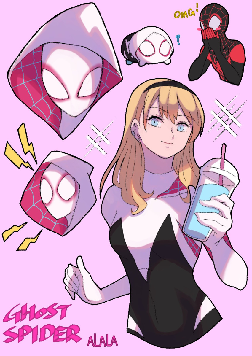 1girl bangs blonde_hair blue_eyes blush bodysuit breasts closed_mouth eyebrows_visible_through_hair gloves gwen_stacy hair_ornament hairband highres hood hooded_bodysuit long_hair looking_at_viewer marvel mask medium_breasts miles_morales short_hair silk simple_background skin_tight smile spider-gwen spider-man:_into_the_spider-verse spider-man_(miles_morales) spider-man_(series) spider_web spider_web_print superhero sushi_pizza_rrr