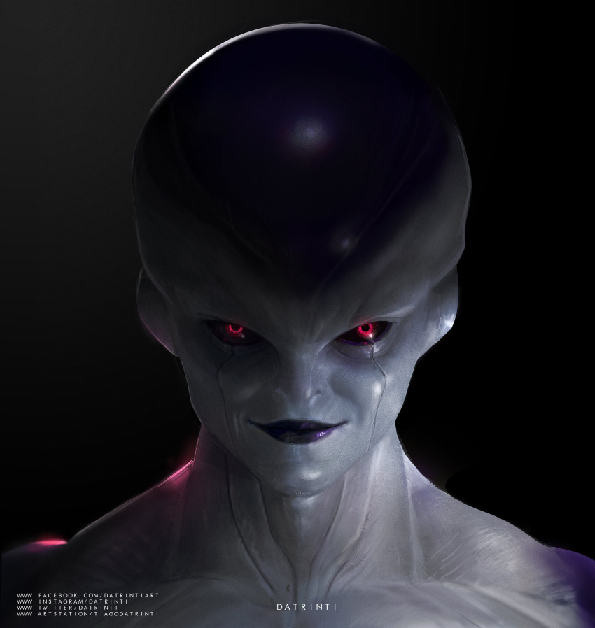 1boy absurdres artist_name black_background black_sclera dragon_ball dragon_ball_z frieza highres male_focus portrait realistic red_eyes smile solo tiago_datrinti watermark web_address