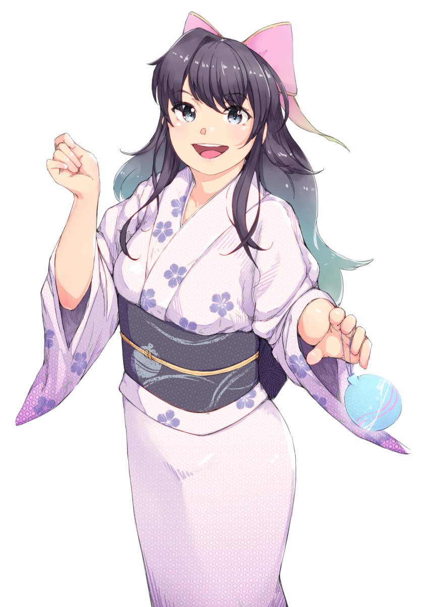 1girl black_hair blue_eyes bow dress floral_print hair_bow hand_up highres japanese_clothes kimono long_hair looking_at_viewer obi patricia_(teria_saga) pink_bow sash simple_background smile solo standing suou9400 teria_saga very_long_hair water_balloon white_background wide_sleeves