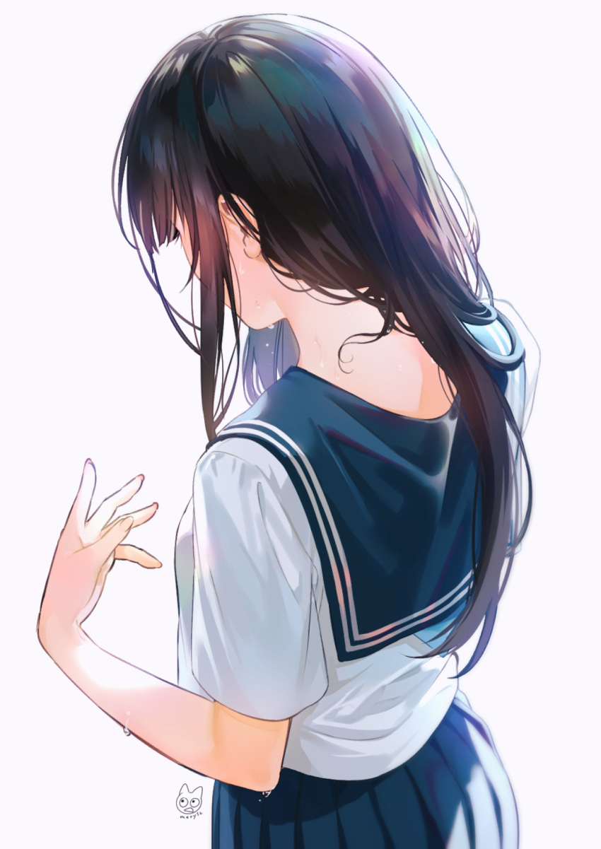 1girl black_hair blue_sailor_collar blue_skirt chitanda_eru facing_away from_behind hand_up highres hyouka long_hair mery_(apfl0515) nape pleated_skirt sailor_collar school_uniform serafuku shirt short_sleeves signature simple_background skirt solo sweat upper_body water_drop wet wet_hair white_background white_shirt