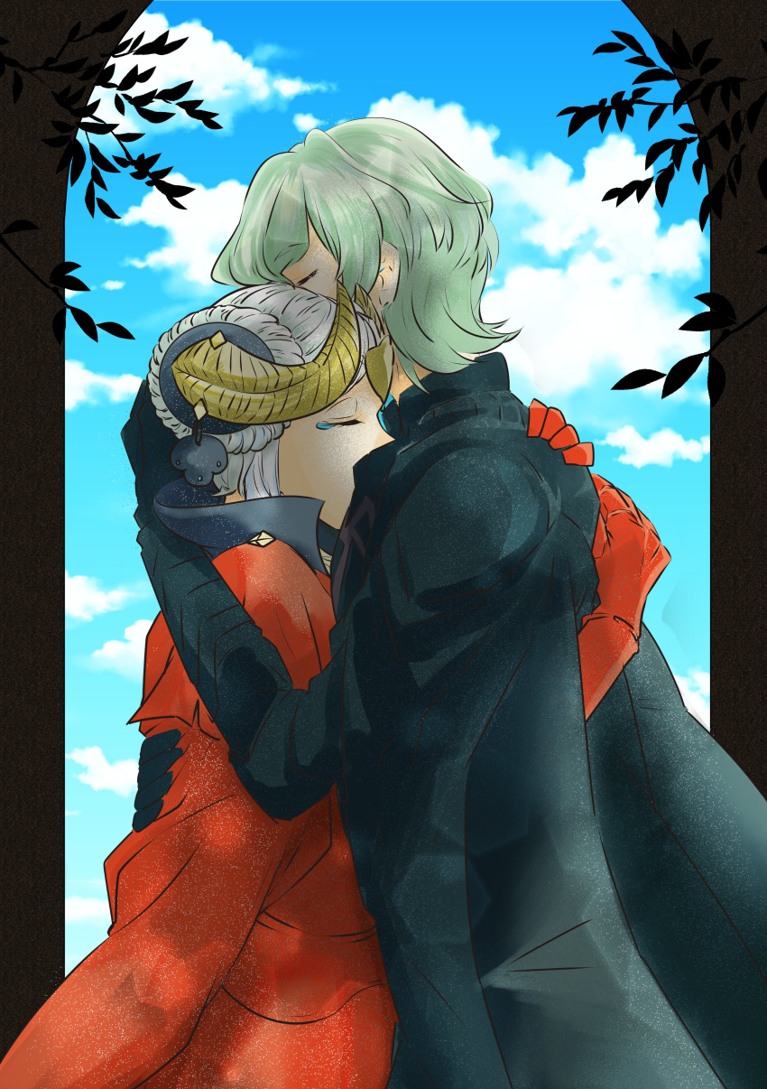 1boy 1girl absurdres black_cape black_gloves black_sleeves byleth_(fire_emblem) byleth_eisner_(male) cape closed_eyes commentary_request double_bun edelgard_von_hresvelg fire_emblem fire_emblem:_three_houses gloves green_hair hair_bun highres horned_headwear hug red_cape red_gloves red_sleeves shiratsu_(white-seaside) silver_hair tears