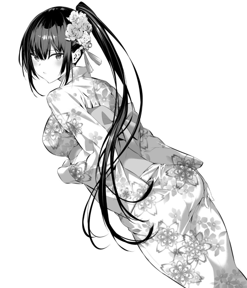 black_hair blush breasts hair_between_eyes hair_ornament hair_ribbon highres hiiragi_yuuichi japanese_clothes kimono large_breasts long_hair looking_at_viewer ribbon simple_background takamine_takane thighs white_background yukata