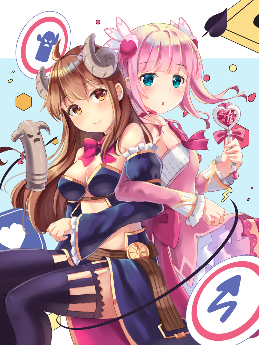 2girls absurdres ahoge blue_eyes blush brown_eyes brown_hair chiyoda_momo demon_girl demon_horns demon_tail detached_sleeves eyebrows_visible_through_hair hair_ornament hairclip highres holmemee horns long_hair machikado_mazoku multiple_girls pink_hair shiny shiny_hair short_hair sign skirt statue tail thigh-highs wand yoshida_yuuko_(machikado_mazoku) yuri