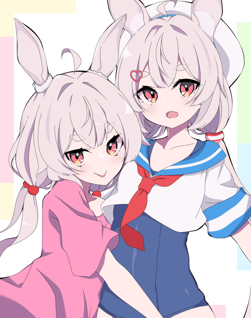 2girls :p ahoge animal_ear_fluff animal_ears crop_top dual_persona hair_bobbles hair_ornament hairclip hat highres hug long_hair low_twintails multiple_girls one-piece_swimsuit open_mouth pink_eyes pink_hair pink_shirt rabbit_ears school_swimsuit school_uniform serafuku shirt simple_background smile swimsuit tomari_mari tomari_mari_channel tongue tongue_out twintails upper_body white_background white_headwear white_shirt