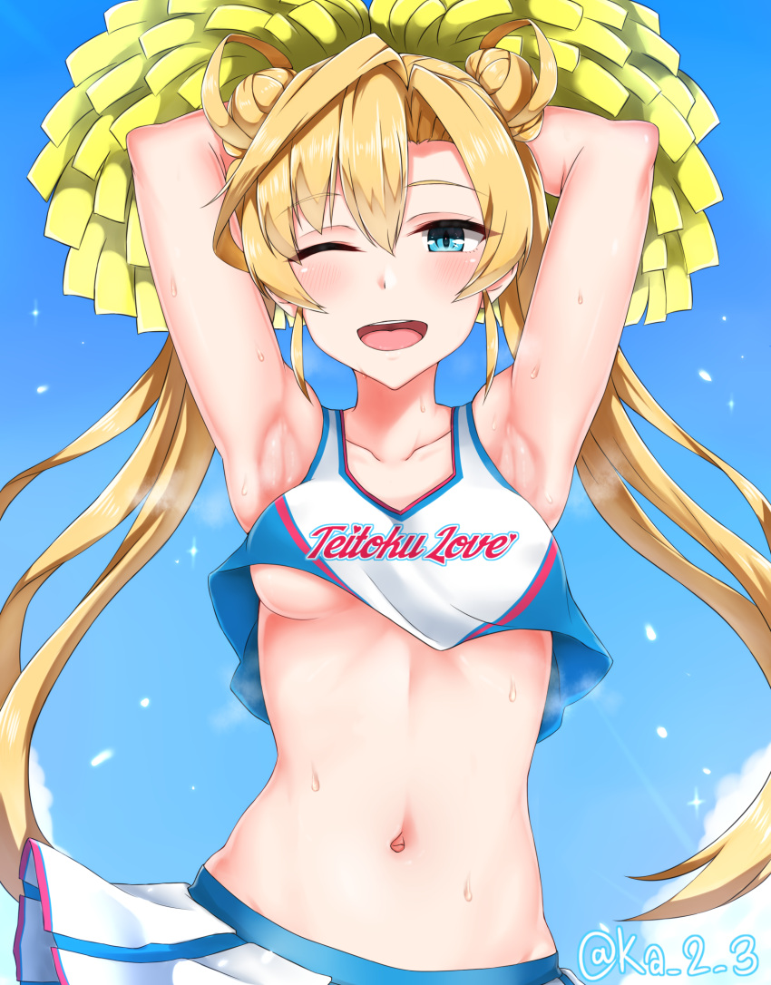 1girl abukuma_(kantai_collection) armpits arms_up bangs blonde_hair blue_eyes blush breasts cheerleader clothes_writing clouds crop_top crop_top_overhang day double_bun eyebrows_visible_through_hair hair_rings highres ka_tsumi kantai_collection long_hair medium_breasts midriff navel one_eye_closed open_mouth outdoors pleated_skirt pom_poms skirt sky solo steam stomach sweat twintails twitter_username under_boob upper_body