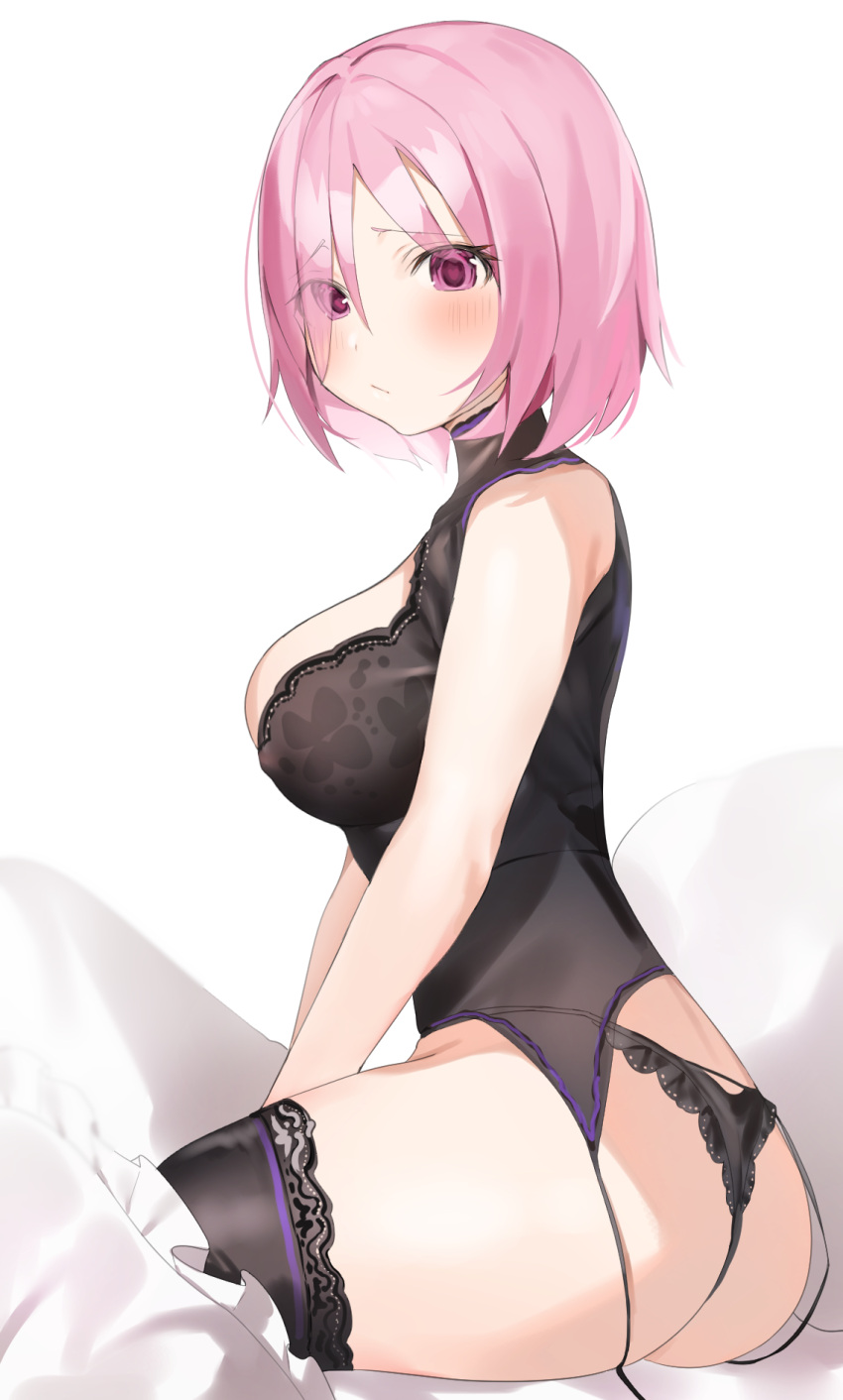 1girl ass bangs bare_shoulders black_legwear black_panties blush breasts closed_mouth commentary_request eyebrows_visible_through_hair eyes_visible_through_hair fate/grand_order fate_(series) hair_over_one_eye highres large_breasts lavender_hair looking_at_viewer mash_kyrielight panties purple_hair short_hair simple_background sitting solo thigh-highs underwear violet_eyes white_background yuuko_(030_yuko)