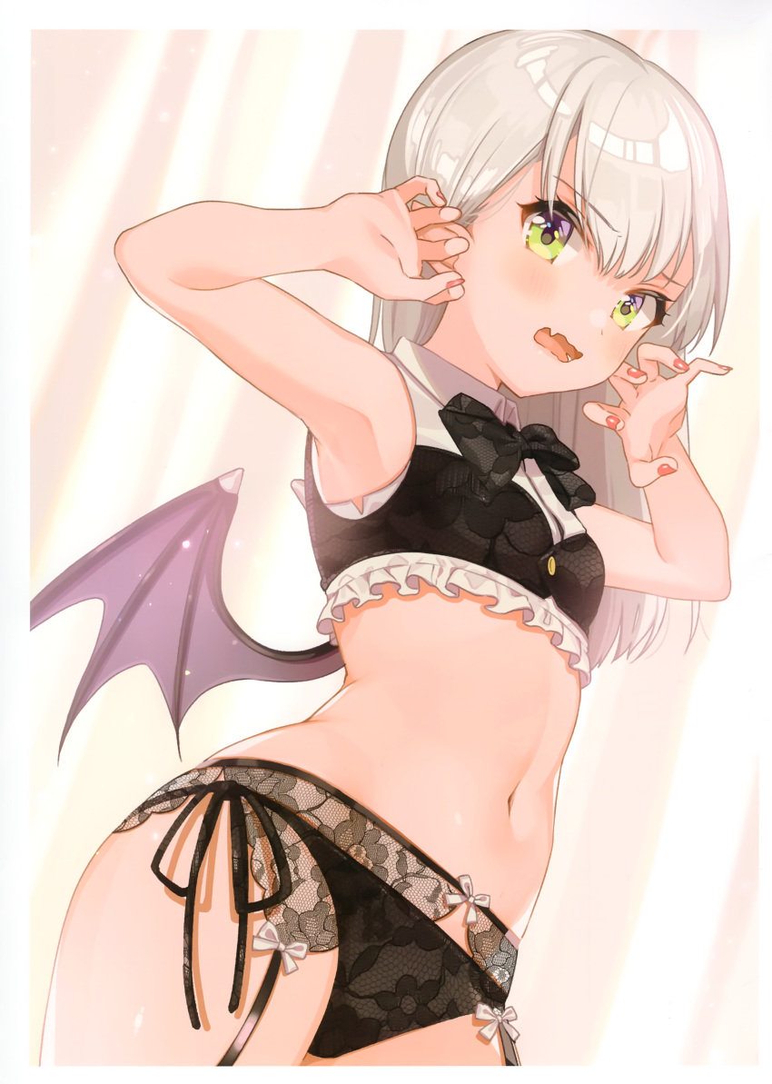 1girl absurdres armpits arms_up bare_arms bare_shoulders black_neckwear black_panties black_shirt blush bow bowtie breasts claw_pose collared_shirt cowboy_shot crop_top demon_girl demon_wings fang frills garter_belt green_eyes highres lingerie long_hair looking_at_viewer nail_polish navel open_mouth original panties red_nails scan shigure_ui shirt side-tie_panties silver_hair sleeveless sleeveless_shirt small_breasts solo stomach underwear wavy_mouth wings