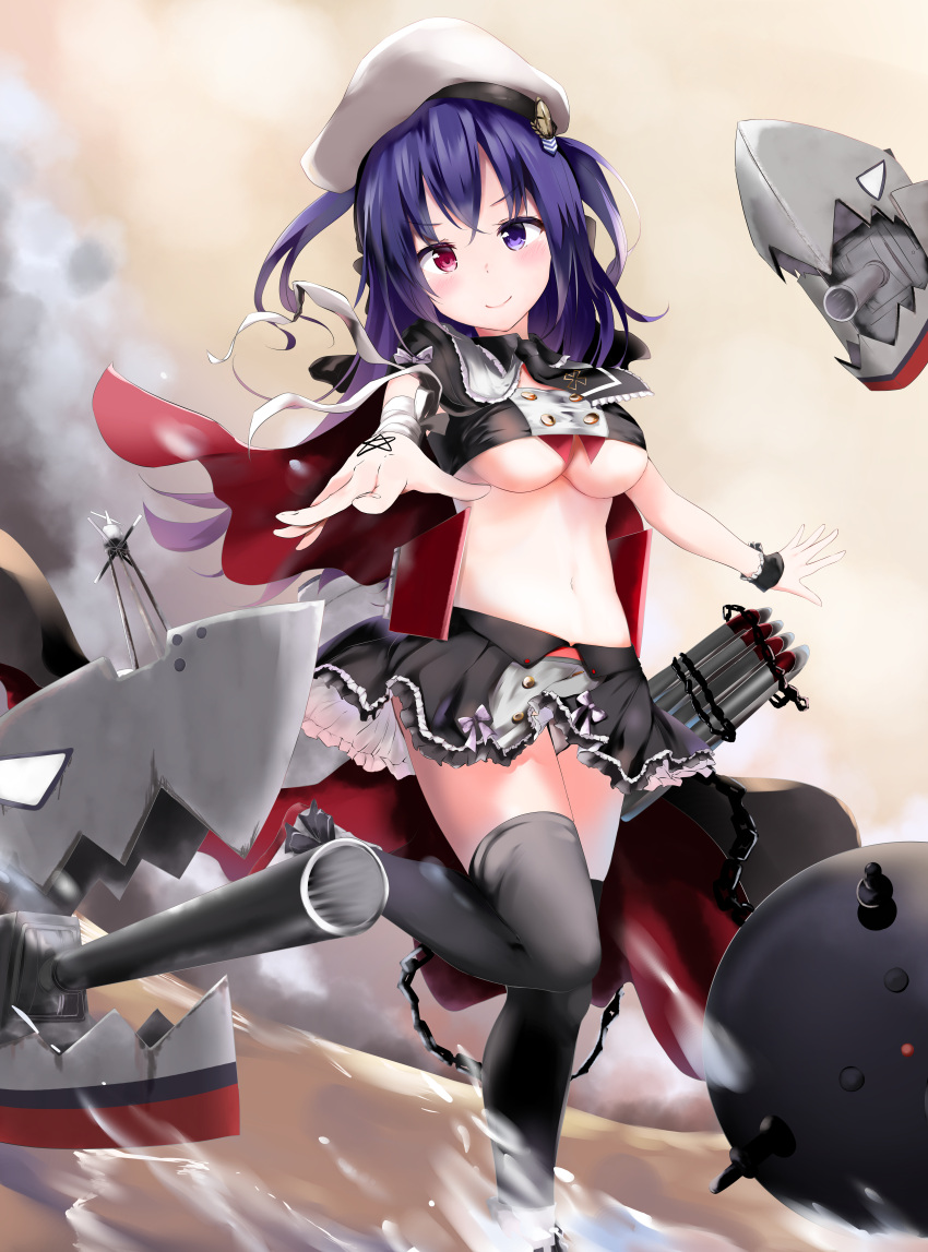 1girl absurdres azur_lane bandeau black_cape black_legwear black_neckwear black_skirt blush breasts cape chain closed_mouth commentary_request flail hat heterochromia highres huge_filesize kuromiko_shoujo large_breasts leg_up long_hair looking_at_viewer machinery mast midriff miniskirt morning_star navel necktie outstretched_arm panties pantyshot pantyshot_(standing) peaked_cap purple_hair red_eyes ribbon short_necktie skirt smile solo standing standing_on_one_leg star tattoo thigh-highs torpedo torpedo_tubes turret two_side_up under_boob underwear v-shaped_eyebrows violet_eyes water weapon white_headwear white_panties white_ribbon wing_collar wrist_cuffs wrist_ribbon z36_(azur_lane)