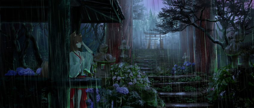 1girl animal_ears architecture blue_flower building clouds cloudy_sky east_asian_architecture flower fox_ears fox_girl fox_tail hakama highres hydrangea japanese_clothes miko moni_chon multiple_torii original orignal outdoors rain red_eyes red_hakama ribbon-trimmed_sleeves ribbon_trim scenery sky solo stairs standing tail torii tree wide_sleeves