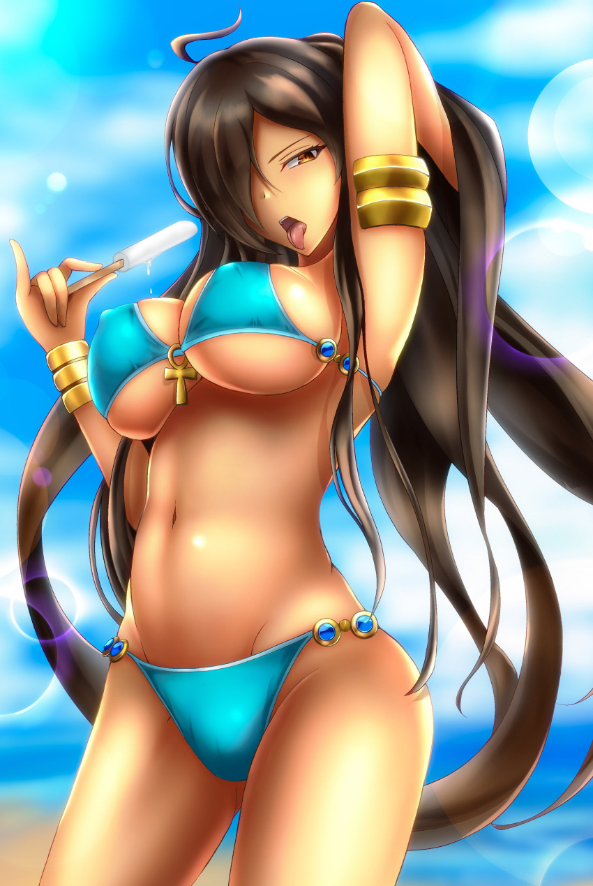 1girl absurdres ahoge ankh armlet armpits bikini black_hair blue_bikini bracelet breasts covered_nipples cowboy_shot dark_skin day fate/grand_order fate_(series) food genderswap genderswap_(mtf) groin hair_over_one_eye highres jewelry large_breasts lens_flare long_hair looking_at_viewer open_mouth orange_eyes outdoors ozymandias_(fate) popsicle rai_(newtype_xm-x1) solo swimsuit tongue tongue_out very_long_hair