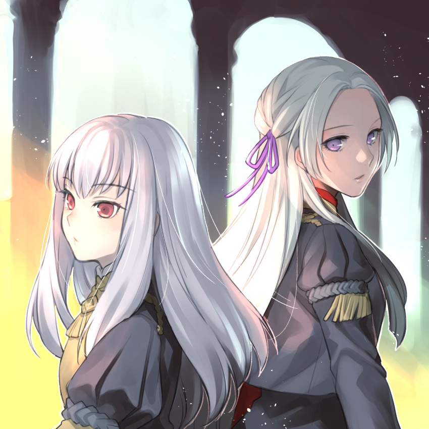 2girls adult edelgard_von_hresvelg fire_emblem fire_emblem:_three_houses fire_emblem:_three_houses from_side hair_ribbon highres intelligent_systems koei_tecmo kori_kms loli long_hair long_sleeves looking_back lysithea_von_ordelia multiple_girls nintendo pink_eyes ribbon uniform upper_body violet_eyes white_hair