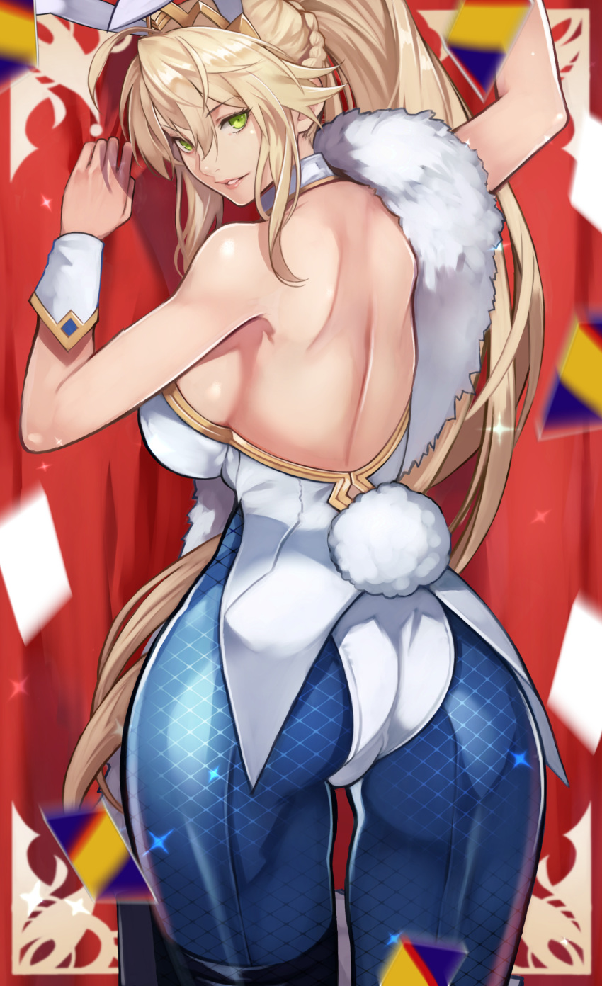 1girl 55level absurdres animal_ears arm_up artoria_pendragon_(all) artoria_pendragon_(swimsuit_ruler)_(fate) ass back bangs bare_shoulders bareback blonde_hair blue_legwear braid breasts bunny_tail card detached_collar eyebrows_visible_through_hair fate/grand_order fate_(series) feather_boa fishnet_pantyhose fishnets french_braid green_eyes hair_between_eyes highleg highleg_leotard highres large_breasts leotard long_hair looking_at_viewer looking_back pantyhose parted_lips playing_card ponytail rabbit_ears sideboob sidelocks smile solo sparkle tail thighs tiara white_leotard wrist_cuffs