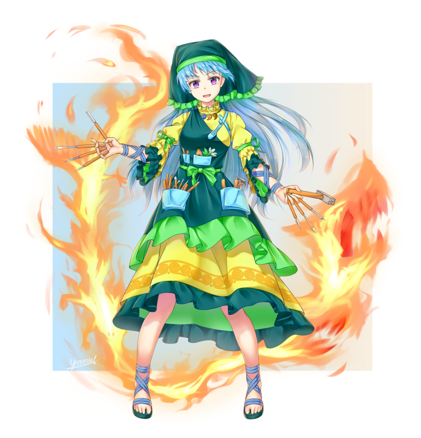1girl apron arm_ribbon art_supplies bangs between_fingers blue_hair breasts dress dual_wielding eyebrows_visible_through_hair fire flower frilled_apron frilled_dress frilled_hat frilled_sleeves frills full_body gradient green_apron green_headwear green_ribbon hammer haniyasushin_keiki hat head_scarf headdress highres holding holding_hammer holding_knife jewelry knife long_hair looking_at_viewer magatama magatama_necklace necklace open_mouth pliers pocket puffy_sleeves ribbon sandals simple_background smile solo standing tools touhou vh(yuv-achi) violet_eyes wily_beast_and_weakest_creature yellow_dress
