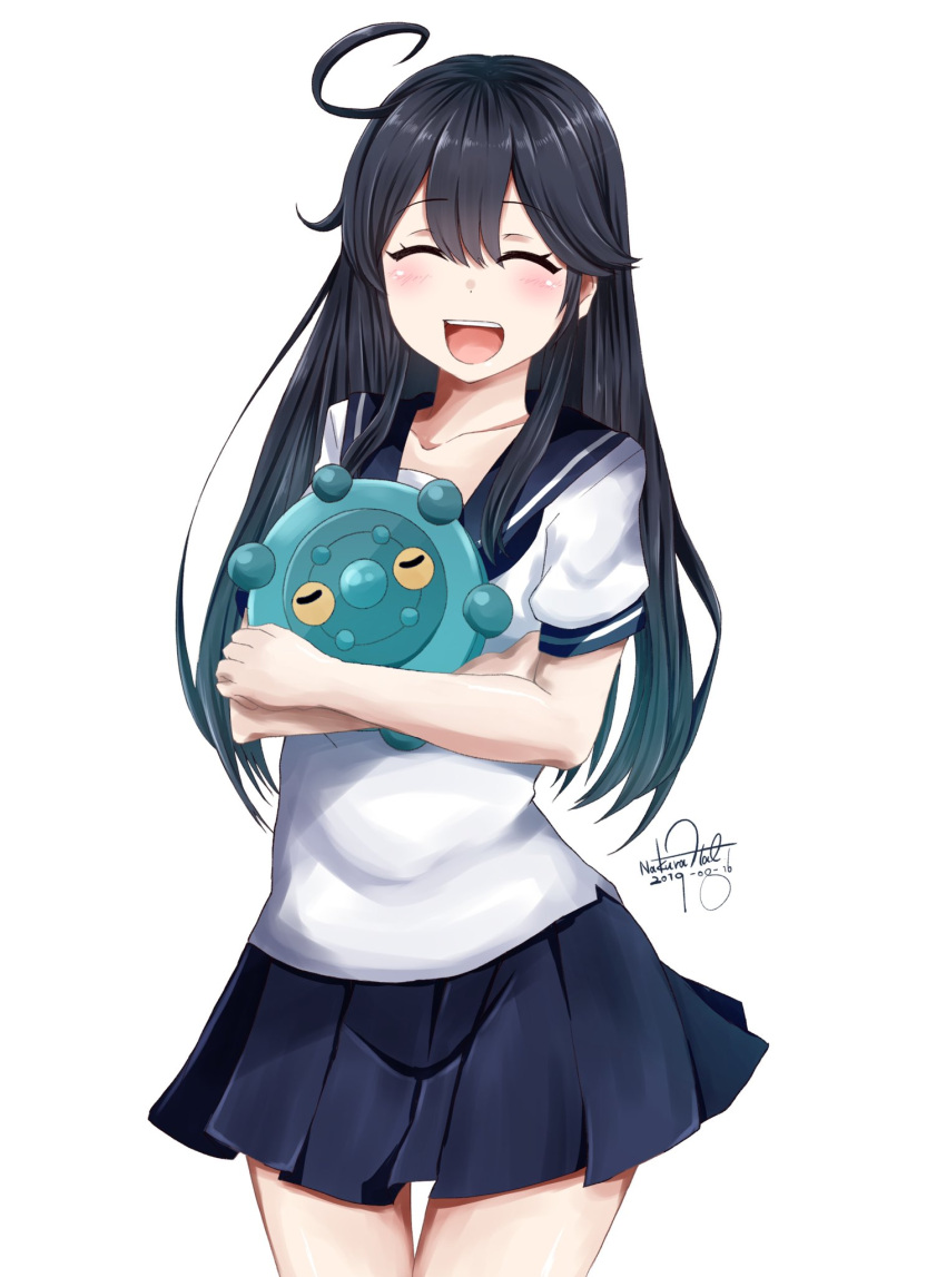 1girl ahoge black_hair bronzor commentary_request cowboy_shot dated facing_viewer highres holding holding_pokemon kantai_collection long_hair nakura_haru open_mouth pokemon pokemon_(creature) school_uniform serafuku short_sleeves signature simple_background solo ushio_(kantai_collection) white_background