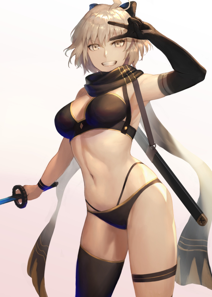 1girl ahoge arm_up armpits bangs bare_shoulders bikini black_bikini black_bow black_gloves black_legwear black_scarf blonde_hair bow breasts cowboy_shot elbow_gloves eyebrows_visible_through_hair fate/grand_order fate_(series) gloves gradient gradient_background grin hair_between_eyes hair_bow highres holding holding_sword holding_weapon looking_at_viewer medium_breasts navel okita_souji_(fate) okita_souji_(fate)_(all) okita_souji_(swimsuit_assassin)_(fate) peperon_(peperou) pink_background scabbard scarf sheath shiny shiny_hair short_hair single_elbow_glove single_glove single_thighhigh smile solo standing stomach swimsuit sword thigh-highs thigh_strap v v-shaped_eyebrows weapon white_background yellow_eyes