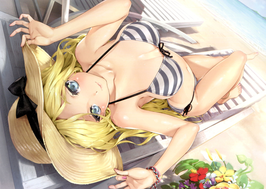 1girl absurdres bangs bare_shoulders barefoot beach beach_chair bikini blonde_hair blue_eyes breasts closed_mouth clouds cloudy_sky day eyebrows_visible_through_hair fingernails flower front-tie_bikini front-tie_top happoubi_jin hat highres jewelry lips medium_breasts nail_polish navel ocean outdoors scan shiny shiny_hair shiny_skin side-tie_bikini sitting sky smile solo stomach striped striped_bikini sun_hat sweat sweatdrop swimsuit thighs toenail_polish toenails toes toranoana water