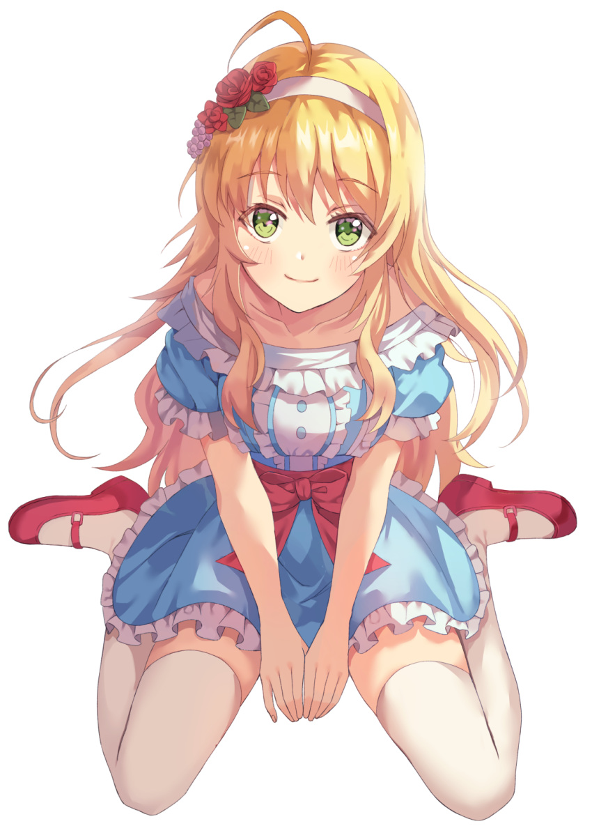 1girl ahoge blonde_hair closed_mouth collarbone commentary_request flower from_above full_body green_eyes hair_flower hair_ornament hairband highres hoshii_miki idolmaster idolmaster_(classic) long_hair looking_at_viewer puffy_short_sleeves puffy_sleeves red_footwear sena122773 shoes short_sleeves simple_background sitting smile solo thigh-highs wariza white_background white_hairband white_legwear zettai_ryouiki